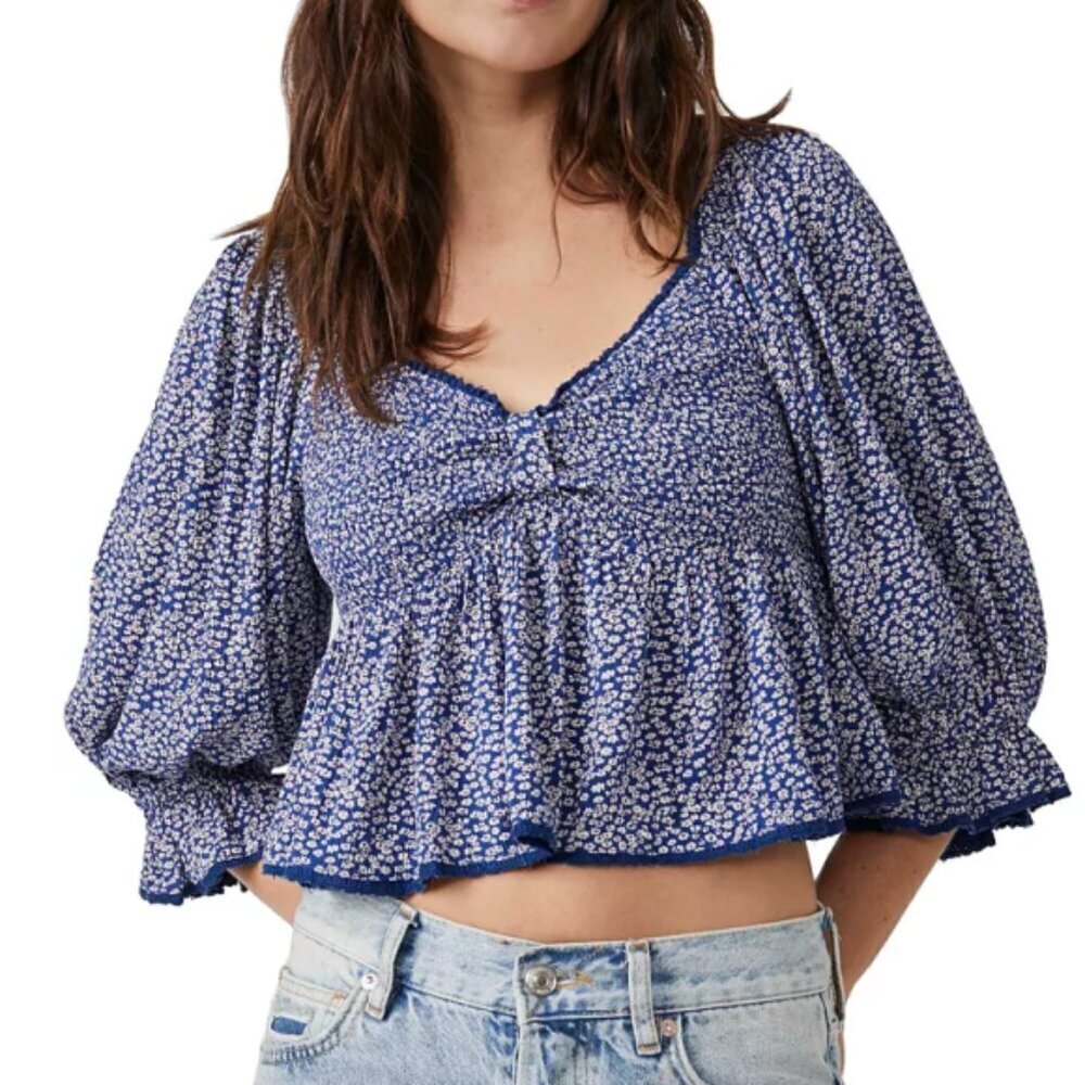 Free People 'Brittnee" Smocked Floral Peplum Top, Blue Combo